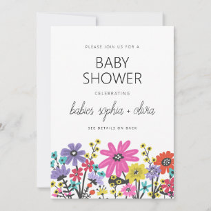 Invitation Baby-Shower Jumeaux Fleurs Sauvages Bohème Moderne
