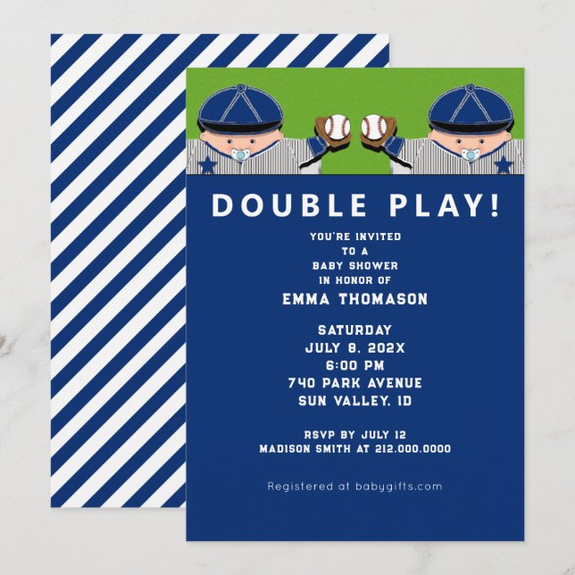 Invitation Baby Shower Jumeaux Garçons Baseball (Devant / Derrière)