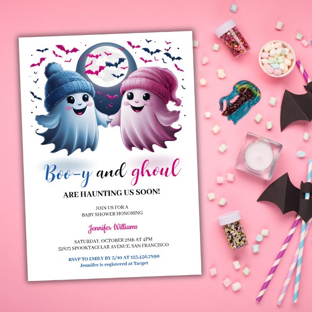 Invitation Baby shower jumeaux Ghosts Boo-y et Ghoul Hallowee (Cute Ghosts Boo-y and Ghoul Halloween Twins Baby Shower Invitation | Boy and Girl Baby Shower)