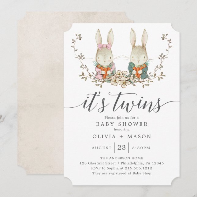Invitation Baby Shower Jumeaux Lapin Vintage Botanique (Devant / Derrière)