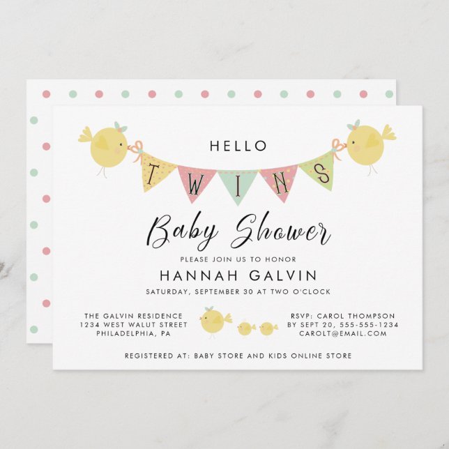 Invitation Baby shower jumeaux| Mama Bird & Chicks (Devant / Derrière)