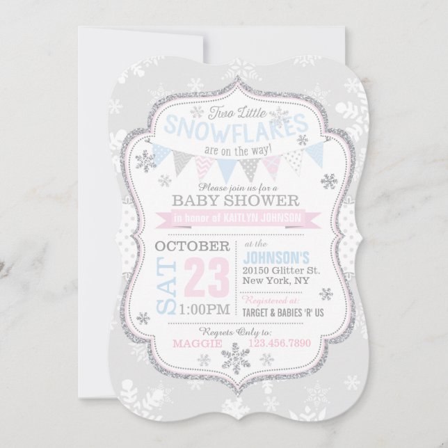 Invitation Baby shower jumeaux Silver Parties scintillant Sno (Devant)