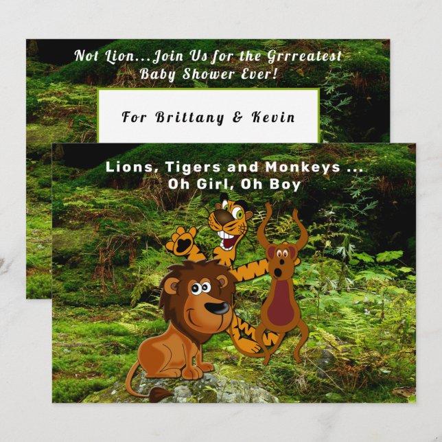 Invitation Baby shower Jungle Couple, Ours Lion Tiger Singe (Devant / Derrière)