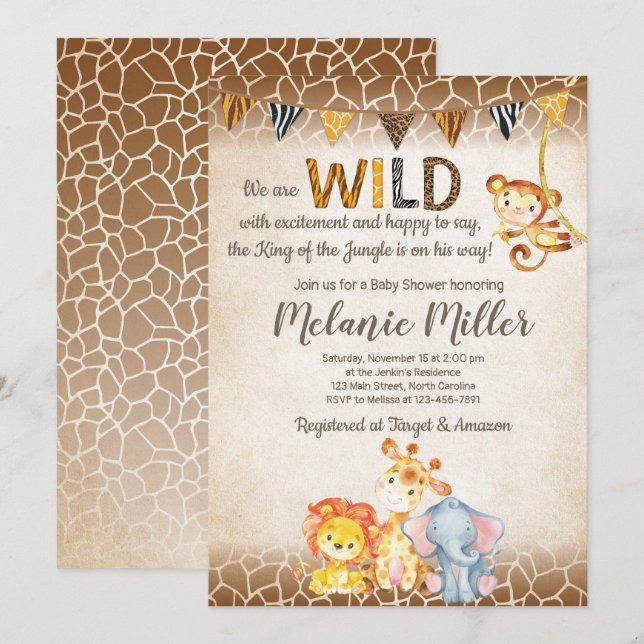 Invitation Baby shower Jungle, Garçon éléphant béb (Devant / Derrière)