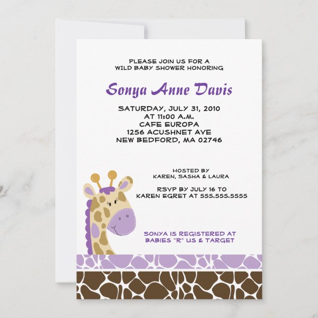 Invitation Baby shower Jungle Giraffe (violet) (Devant)