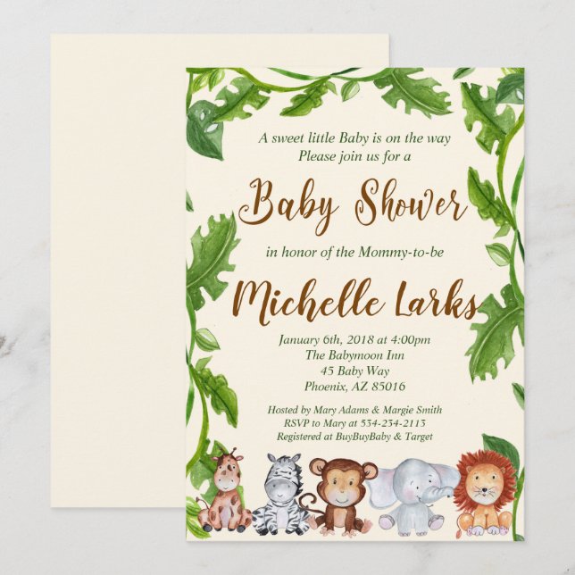 Invitation Baby shower Jungle, invitation Safari (Devant / Derrière)