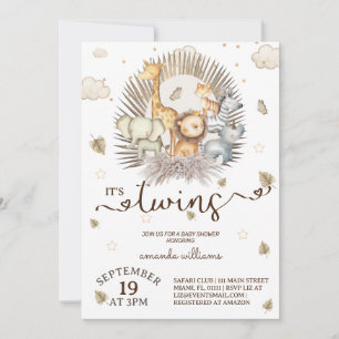 Invitation Baby shower Jungle Safari Animal Twins