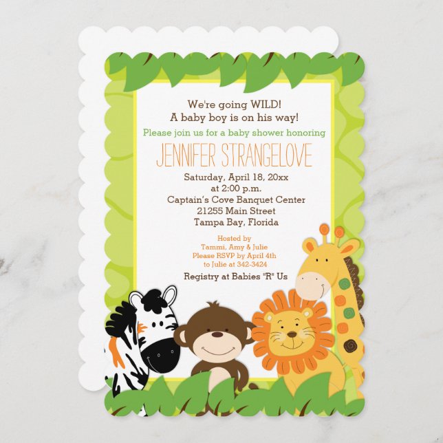 Invitation Baby shower Jungle Safari Animaux (Devant / Derrière)