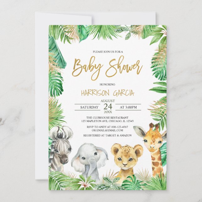 Invitation Baby shower Jungle Tropical Safari Animaux (Devant)
