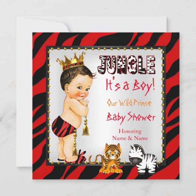 Invitation Baby shower Jungle Wild Prince Red Brunette (Devant)