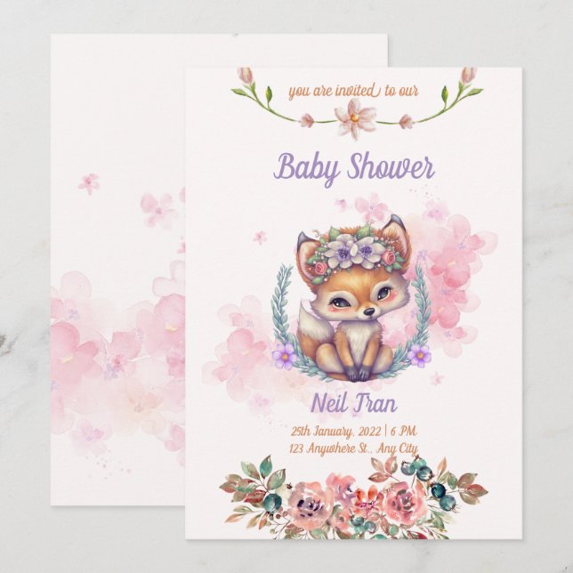 Invitation Baby shower Kawaii Baby Fox (Devant / Derrière)