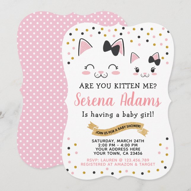 Invitation Baby shower Kitty Cat Girls (Devant / Derrière)