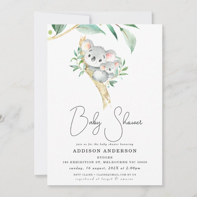 Invitation Baby shower Koala Bear Et Joey Foliage (Devant)