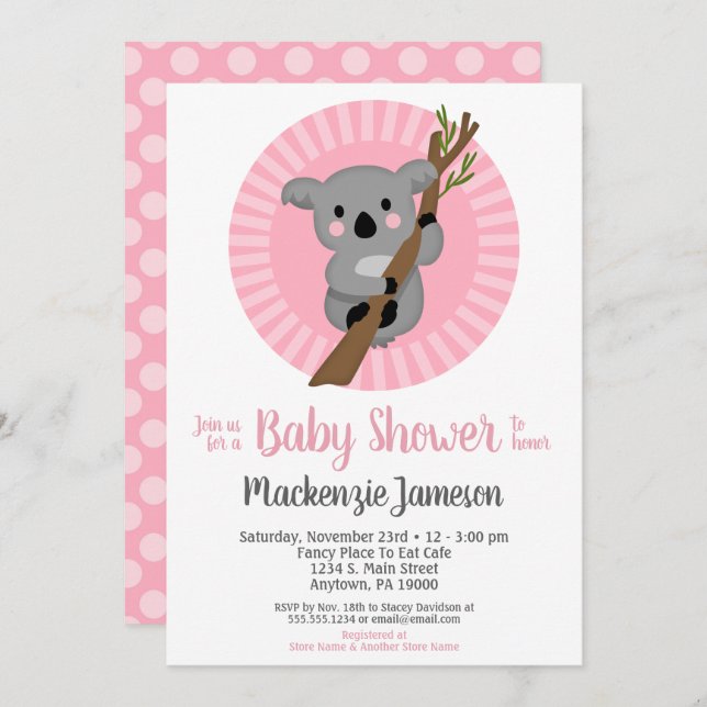 Invitation Baby shower Koala Bear Rose Girls (Devant / Derrière)