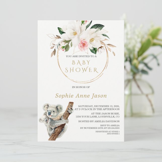 Invitation Baby shower Koala Magnolia Gold Cute (Debout devant)