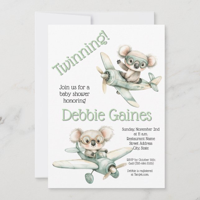 Invitation Baby shower Koala Twin | Neutre entre l (Devant)