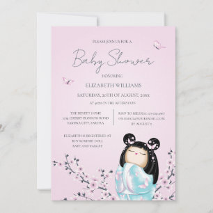 Invitation Baby shower Kokeshi Doll Cherry Blossoms