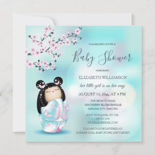 Invitation Baby shower Kokeshi Doll Cherry Blossoms