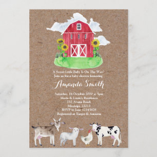 Invitation BABY SHOWER kraft d'aquarelle des ANIMAUX AGRICOLE