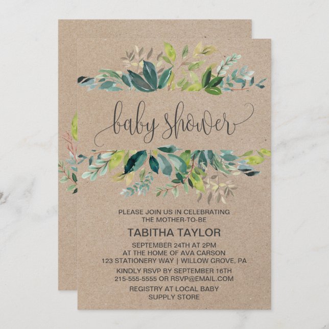 Invitation Baby shower Kraft Foliage (Devant / Derrière)