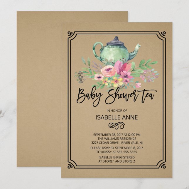 Invitation Baby shower Kraft Watercolor Floral Tea Party (Devant / Derrière)