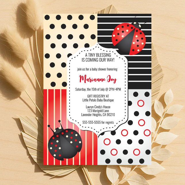 Invitation Baby shower Ladybug | Pois rouge et noir (Ladybug Baby Shower | Red and Black Polka Dots Invitation)