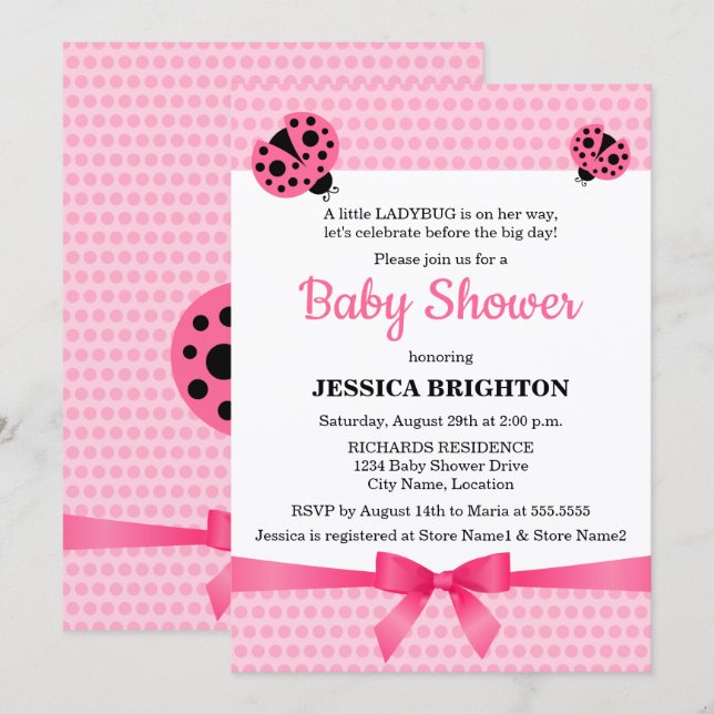 Invitation Baby shower Ladybug rose mignon (Devant / Derrière)