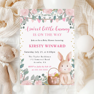 Invitation Baby Shower Lapin à l'aquarelle et Fleurs Roses