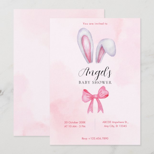 Invitation Baby shower lapin à ruban rose (Devant / Derrière)