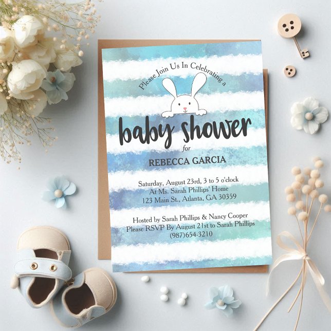 Invitation Baby Shower Lapin Blanc Rayure Bleue Blanche (Créateur téléchargé)