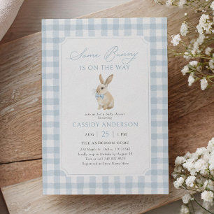 Invitation Baby Shower Lapin Bleu à Carreaux Garçon
