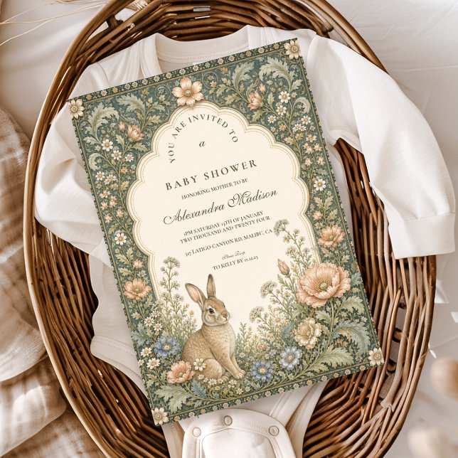 Invitation Baby Shower Lapin Botanique Céleste Vintage (Créateur téléchargé)