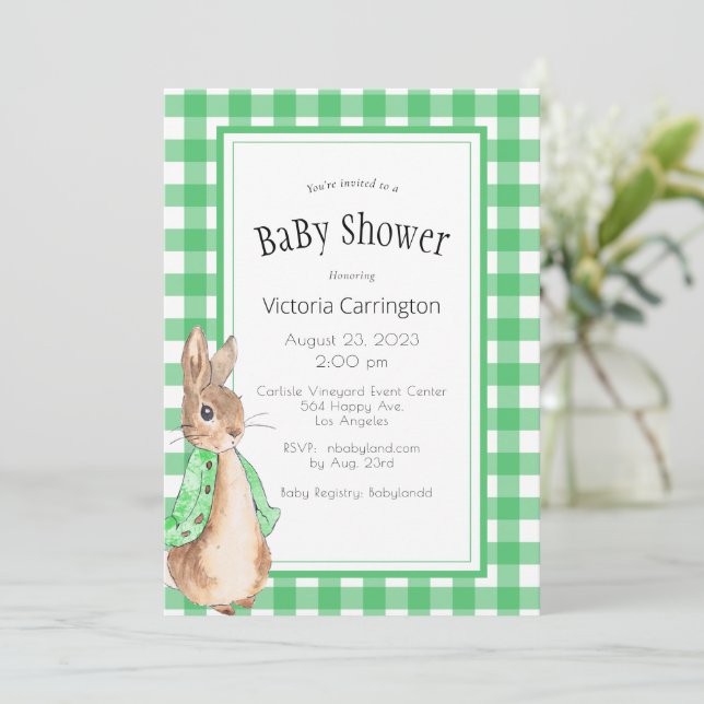 Invitation Baby Shower Lapin Bunny Gingham Vert (Debout devant)