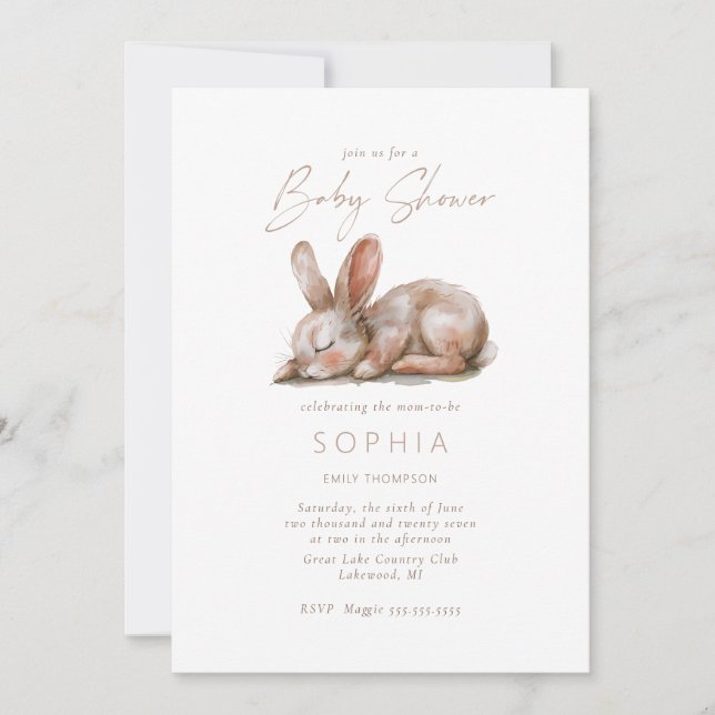 Invitation Baby shower lapin couché Couleurs neutres (Devant)