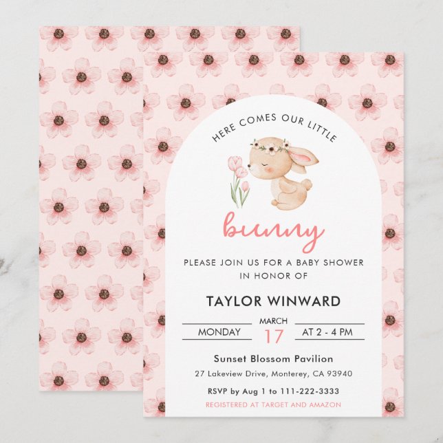 Invitation Baby Shower Lapin de Printemps Floral (Devant / Derrière)