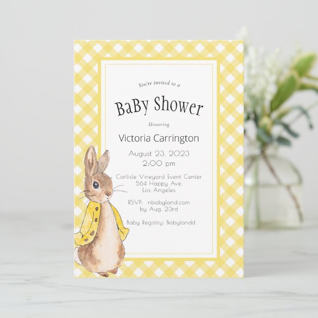 Invitation Baby shower lapin En vichy Jaune (Debout devant)
