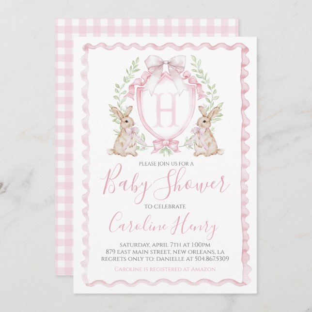Invitation Baby shower lapin fille Preppy En vichy rose (Devant / Derrière)