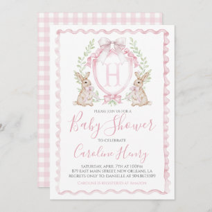 Invitation Baby shower lapin fille Preppy En vichy rose