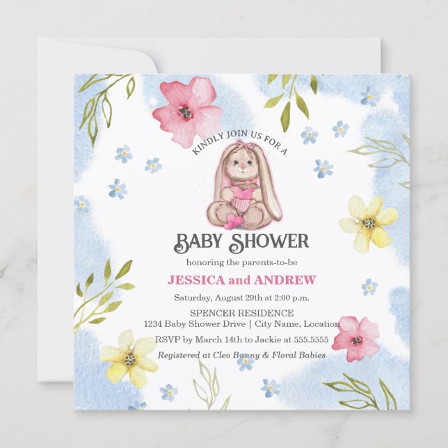 Invitation Baby shower lapin fille Whimsical (Devant)