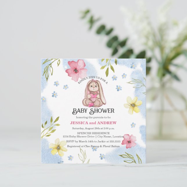 Invitation Baby shower lapin fille Whimsical (Debout devant)