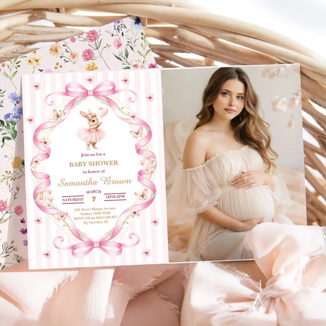 Invitation  Baby Shower Lapin Gingham à Ruban Rose  (Créateur téléchargé)