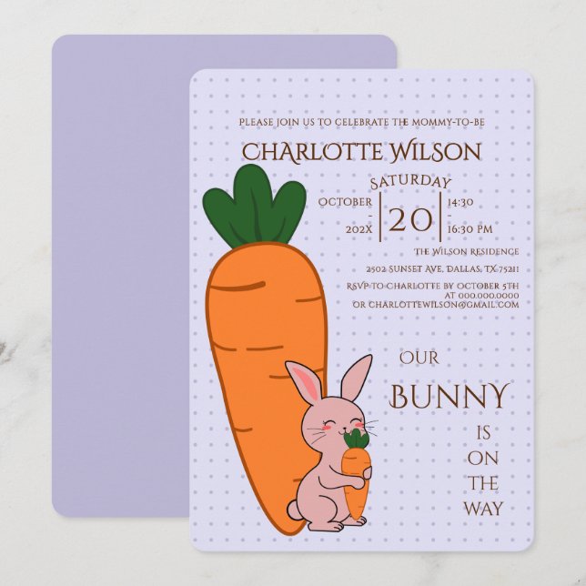 Invitation Baby Shower Lapin Mignon & Carotte (Devant / Derrière)