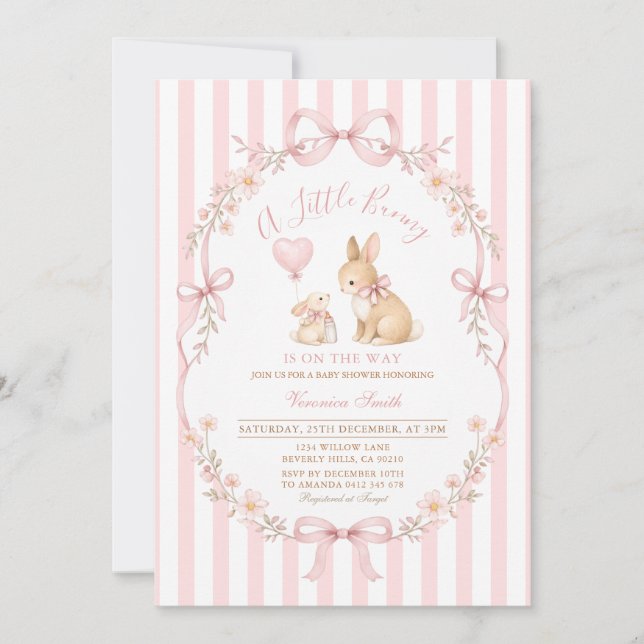 Invitation Baby Shower Lapin Rayé Rose (Devant)