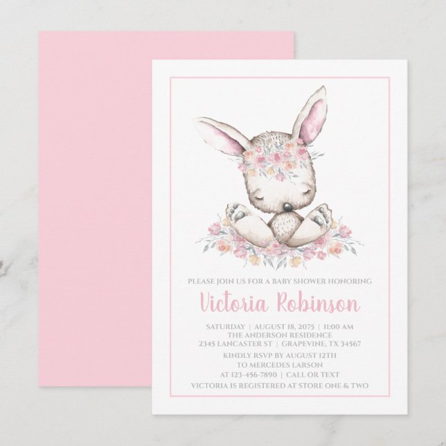 Invitation Baby Shower Lapin Rose (Devant / Derrière)