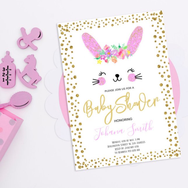 Invitation Baby Shower Lapin Rose Confetti Doré (Créateur téléchargé)