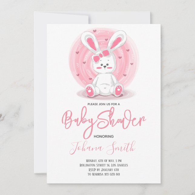 Invitation Baby shower lapin rose mignon (Devant)