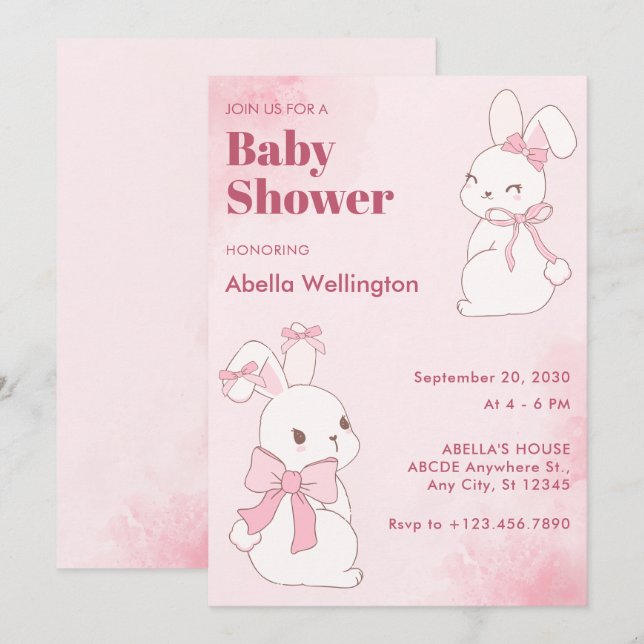 Invitation Baby shower lapin rose mignon lapin lapin (Devant / Derrière)