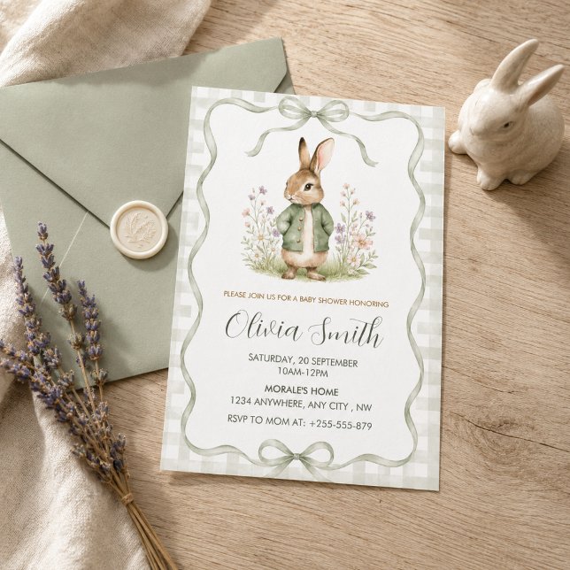 Invitation Baby-Shower Lapin Tissu Gingham Sage (Créateur téléchargé)