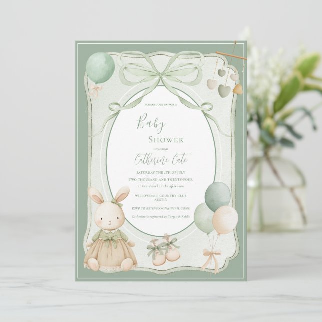 Invitation Baby Shower Lapin Vert Vintage (Debout devant)