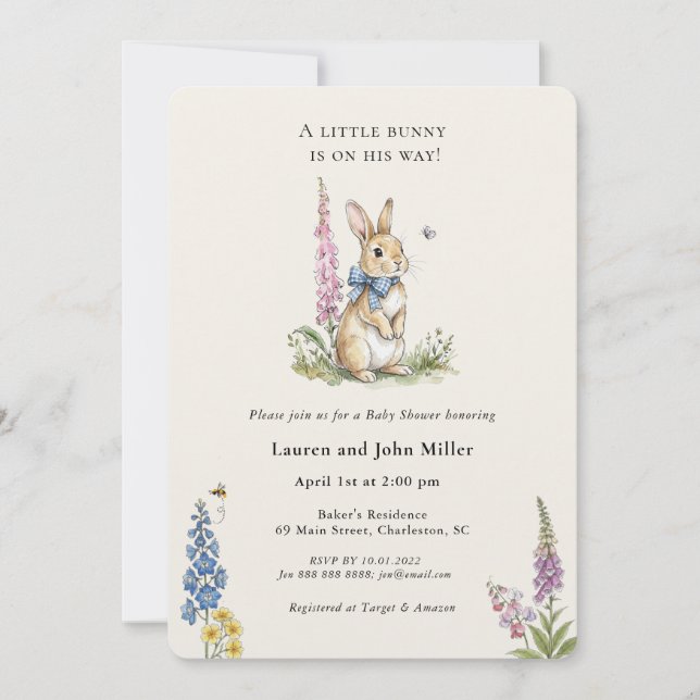 Invitation Baby-Shower Lapin Vintage Unisexe (Devant)